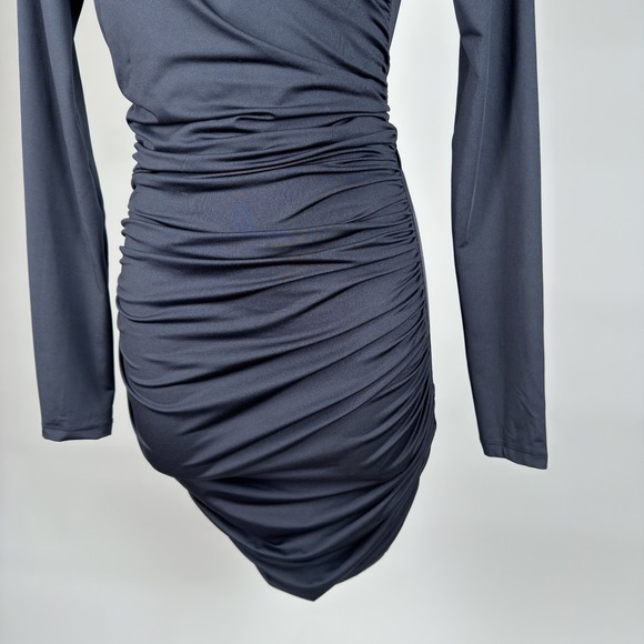 H&M Divided Black Long Sleeve Ruched Wrap V Neck Bodycon Mini Dress Size S - Picture 3 of 6